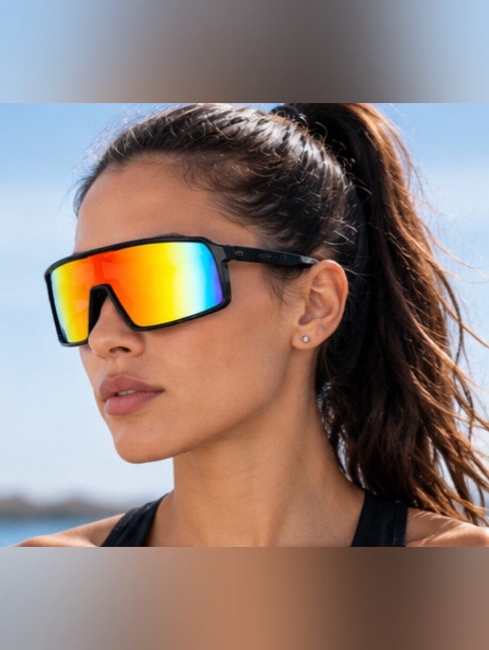 Unisex Black Frame Mirrored Sports Sunglasses - Orange/Blue Lens